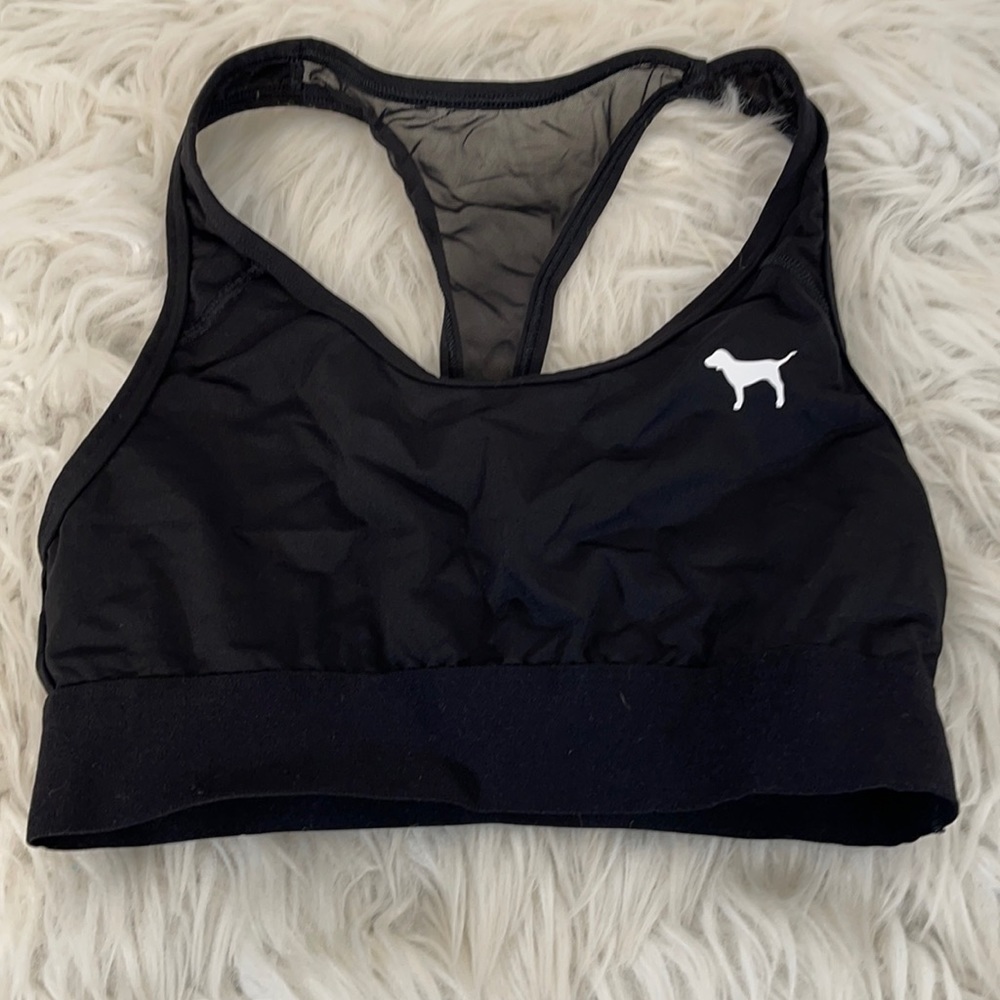 PINK VICTORIA’S SECRET Ultimate Unlined Black White Dog Logo Mesh Racerback - Picture 2 of 4